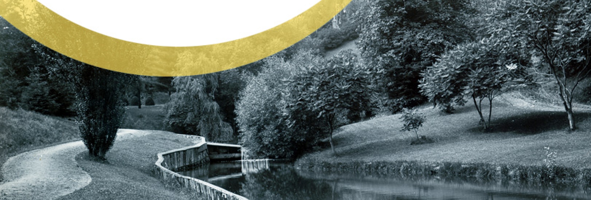 Mount Pleasant Group 20th‑anniversary logo overlaid on a vintage photograph of a winding creek surrounded by trees and landscaped greenery.