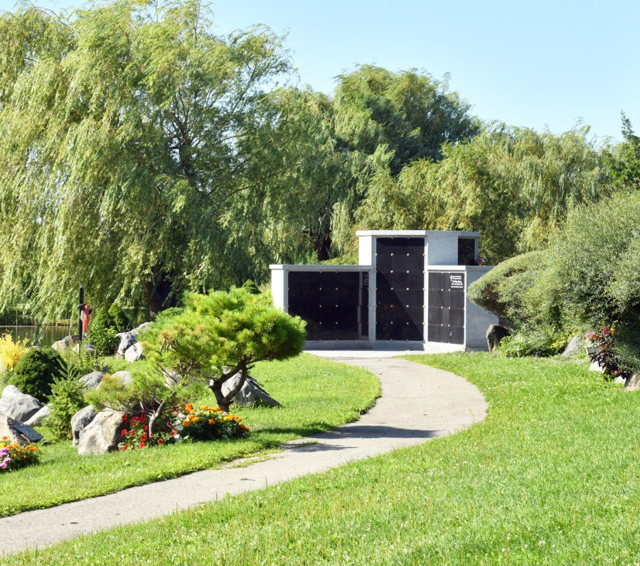 outdoor niches and trees at Meadowvale Cemetery