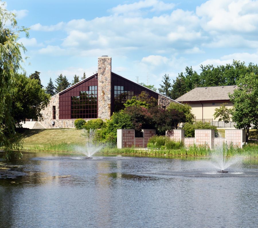 Pond and building at Meadowvale 