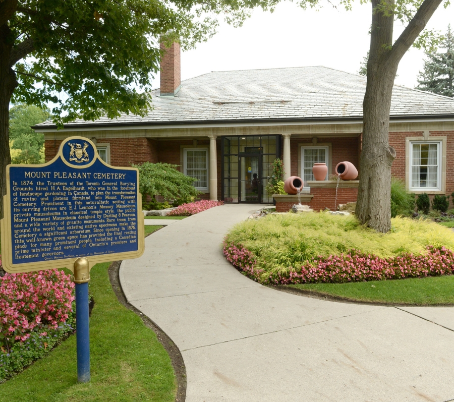Building at Mount Pleasant Cemetery with sign