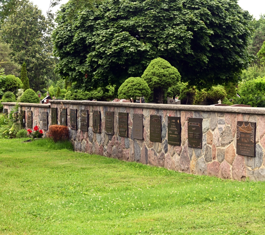 wall of memorials Pine Hills Cemetery