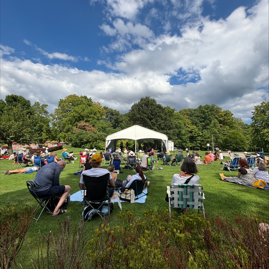 people at an outdoor concert with a sunny sky and some clouds