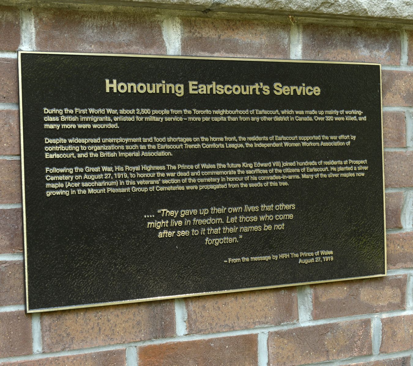 plaque honouring earlscourt's service