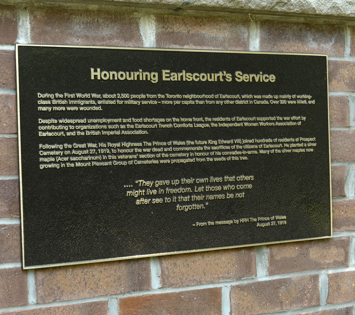 plaque honouring earlscourt's service