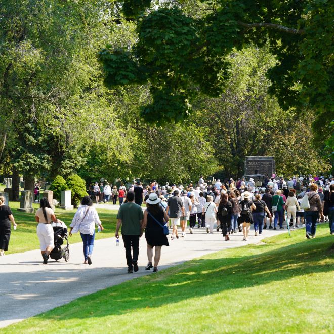 people walking in the cemetery surrounded by trees