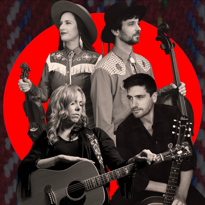 Four musicians in a stylized collage with violin, cello, and guitars against a bold red background.