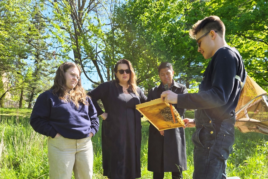 Beekeeper showing a honeycomb frame to a group outdoors.