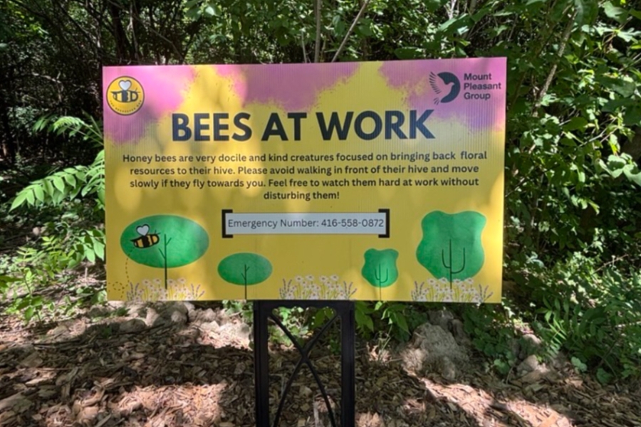 Sign in a wooded area informing visitors about honey bees and nearby beehives.