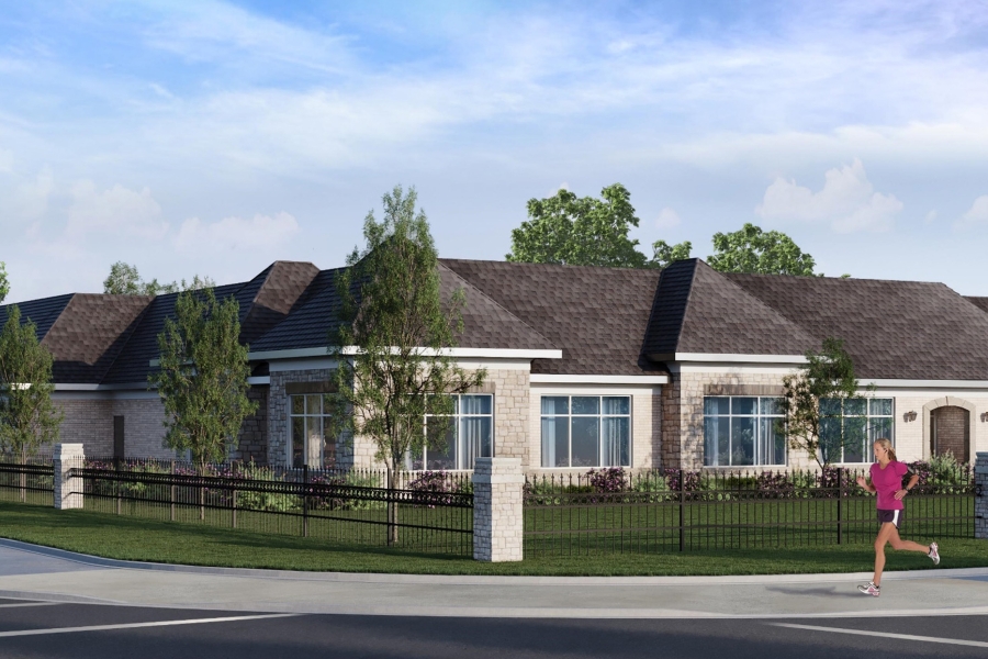 Rendering of a new funeral centre with landscaped grounds and sidewalk.