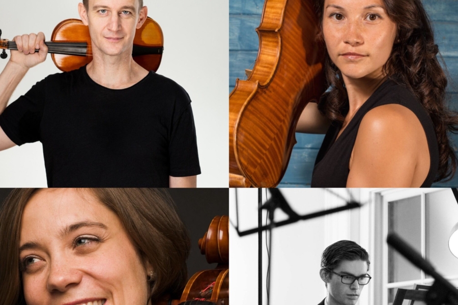 Collage of four classical musicians holding string instruments, including violin and cello, with one musician seated at a keyboard instrument with sheet music.