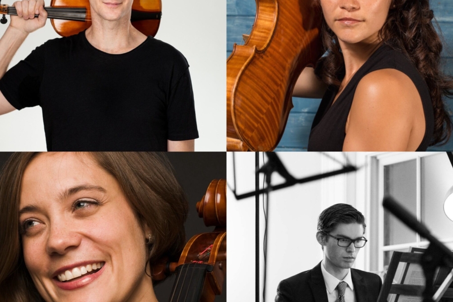 Collage of four classical musicians holding string instruments, including violin and cello, with one musician seated at a keyboard instrument with sheet music.