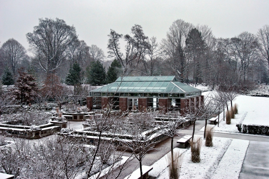 Snow-covered garden with pathways and a low glass building surrounded by trees.