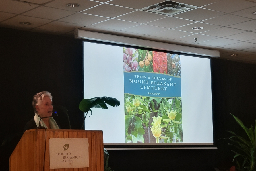 Speaker presenting “Trees & Shrubs of Mount Pleasant Cemetery.”