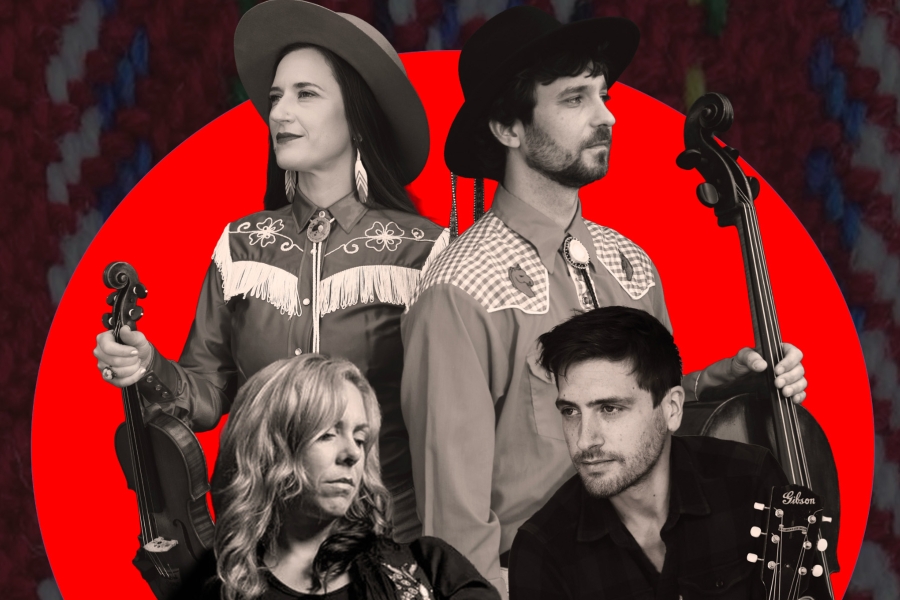 Four musicians in a stylized collage with violin, cello, and guitars against a bold red background.
