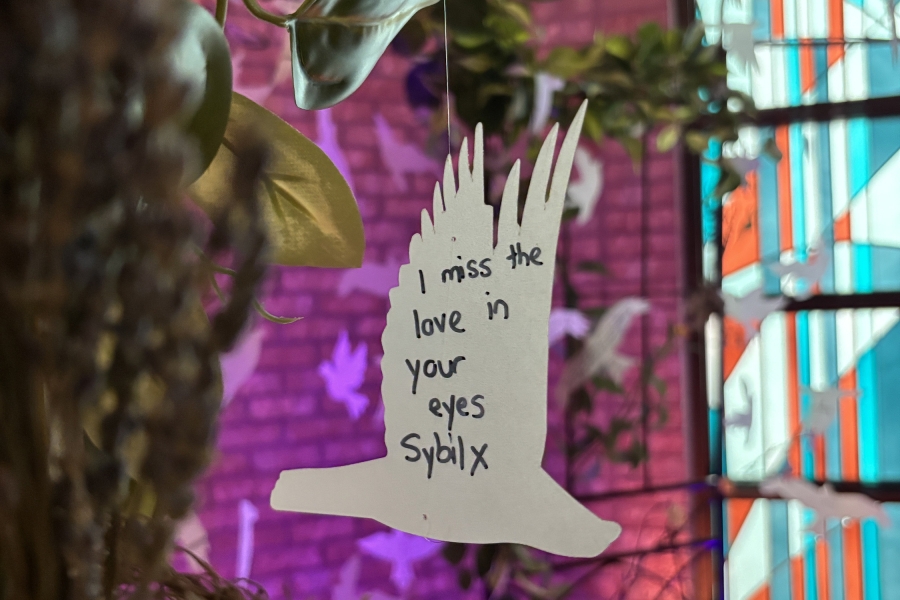 White dove note reading “I miss the love in your eyes.”