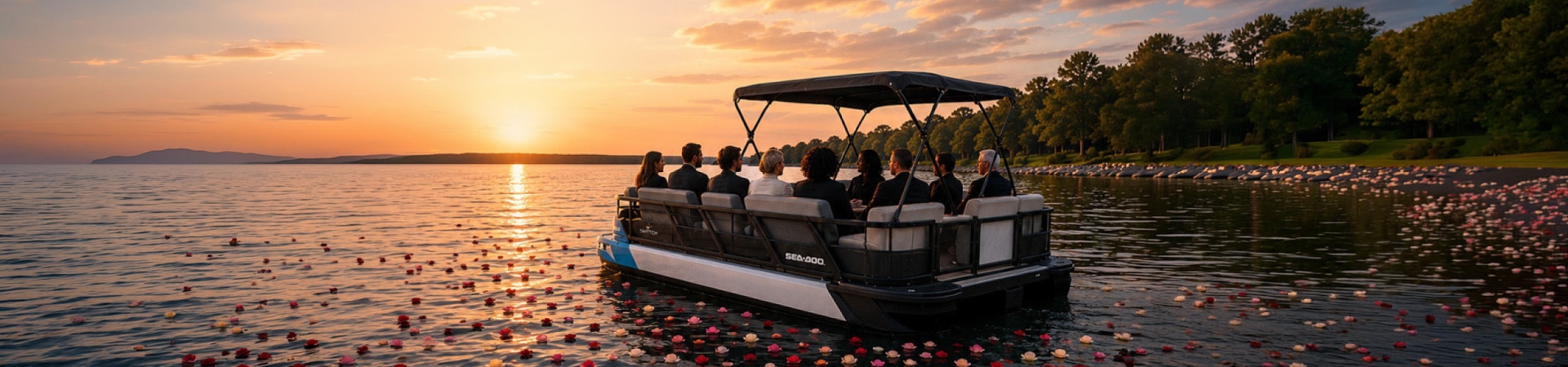 Pontoon boat on a lake at sunset, surrounded by floating flower petals.